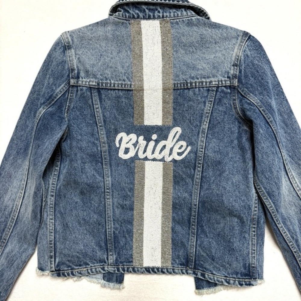 Bride Denim Jacket Womens S M Beaded Stripe Bridal Bachelorette Wedding Boutique